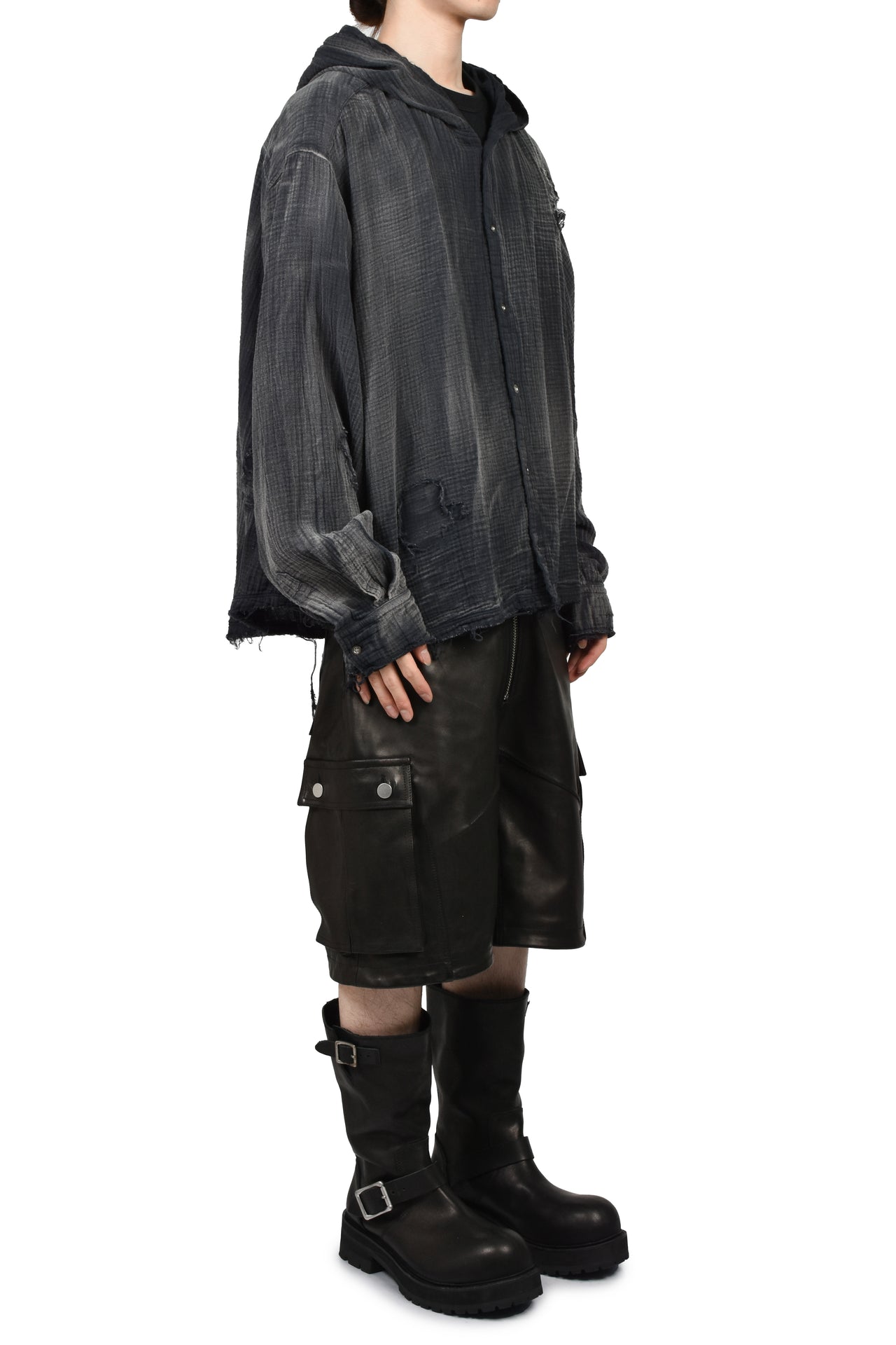 HOODED SHIRT  / WASHED BLK