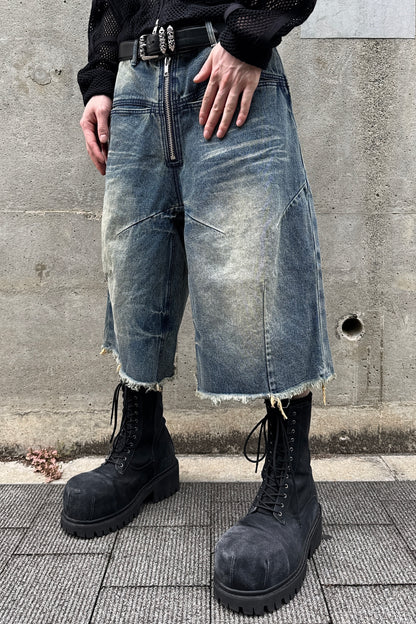 FRONT ZIP BAGGY SHORTS / DARK INDIGO